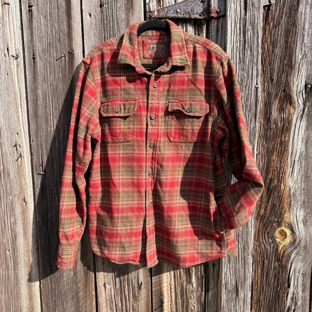 Med. Orvis Men's Big Bear Heavy Weight Brushed Flannel Shacket Plaid‎ Red Green